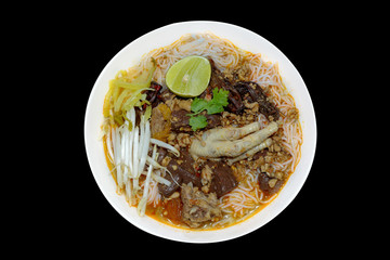 Nam ngiao Rice Noodle, Noodles with Spicy Pork Sauce on black background