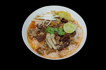 Nam ngiao Rice Noodle, Noodles with Spicy Pork Sauce on black background
