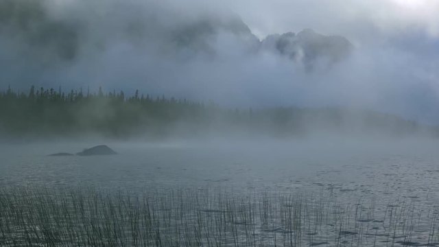 Stunning Nature Scenery Of Thick Fog Over The Calm Rippling Lake In Central Cascades, Washington, USA - Medium Shot