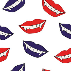 Seamless pattern of red and purple lips on white. Smile of a vampire with fangs. Simple vector background image for fabric, textile, scrapbook, gift wrapping paper. 