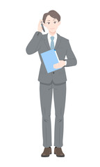 電話　ポーズ　ビジネス　スーツ　男性　全身