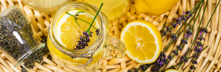 Lemonade with Lemons and Lavender. Cold Infused Detox Water with Lemon and Lavender. Provence...