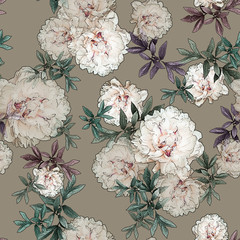 Seamless pattern with delicate white peonies and colored leaves