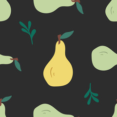 Seamless pattern with hand drawn green & yellow pear. Doodle style cute summer fruits isolated on contrast background. Repeating cartoon texture for vegetarian, vegan food wrapping, decoration, menu.
