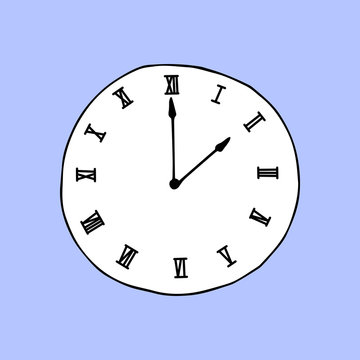 Vector illustration. Cute hand drawn wall clock with Roman numerals on light blue background. Element of the cozy home interior. Simple doodle clipart in a trendy minimalism style. 