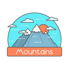 Fototapeta na wymiar Mountains lineal color illustration. Mountains with snowy peaks, sun and clouds. Mountains color flat vector illustration with mountains lettering. Logo design illustration