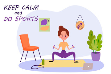 Fototapeta premium Woman is doing exercises at home on quarantine. Cute vector character girl is doing sports at home training. Keep calm and do physical physical exercises