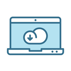 Downloading cloud on laptop lineal blue icon isolated on white. Smart device technology flat vector icon with blue stroke for web, mobile apps, ui design. Cloud computing color vector illustration