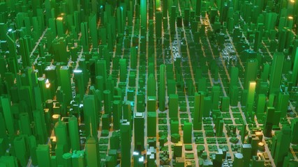 Digital abstract city made of glowing line light. Business skyscrapers. Architectural technology structure of luminous lines and particles. Connection concept. 3d rendering.