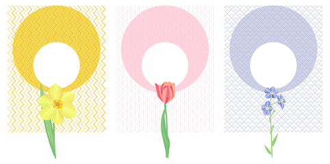 Isolated on transparent or white background vector card templates set with spring flowers, circle frames and geometric ornament