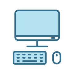 Desktop pc with mouse and keyboard lineal blue icon isolated on white. Smart device technology flat vector icon with blue stroke for web and mobile apps, ui design. Computer color vector illustration