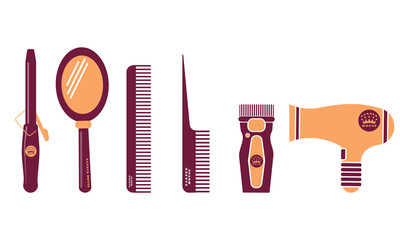 Hairdresser and barber shop flat icon set. Beauty salon. Comb, mirror, scissors, curling iron, clipper design symbol on a white background. Vector eps 10.