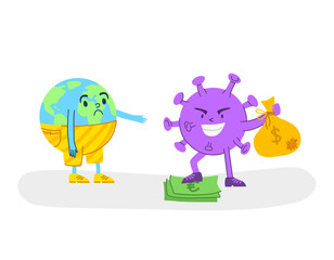 Coronavirus covid-19 economic crisis concept - angry virus stealing gold coin or money from sad planet Earth, evil bacterium and upset globe - funny flat cartoon character spot illustration - vector