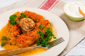 Stuffed Cabbage Rolls With Ground Beef and Rice. Selective focus.