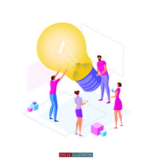 Trendy flat illustration. Office workers planing business mechanism, analyze business strategy and exchange ideas. Light bulb. Teamwork concept. Template for your design works. Vector graphics.