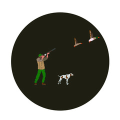 hunter man with spotted dog, shooting ducks flying, vector illustration