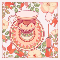 Rose hip Tea cup saucer spoon doodle hand drawn graphics vector