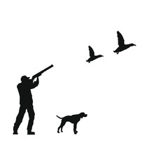 hunter man with spotted dog, shooting ducks flying, vector illustration