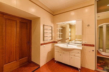 Russia, Moscow- December 05, 2019: interior room apartment modern bright cozy atmosphere. general cleaning, bathroom, sink, decoration elements, toilet