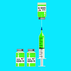 One syringe is drawing a green vaccine (covid-19 vaccine). A bottle is on the top of the syringe and bottles has the symbol and the letter attached on the label.Vector illustration.