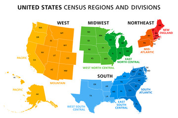 Map of United States split into Census regions and divisions. Region definition, widely used for data collection and analysis. Most commonly used classification system. English. Illustration. Vector - obrazy, fototapety, plakaty