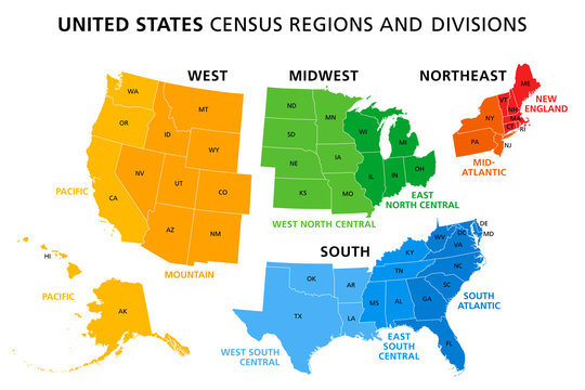 Map of United States split into Census regions and divisions. Region definition, widely used for data collection and analysis. Most commonly used classification system. English. Illustration. Vector