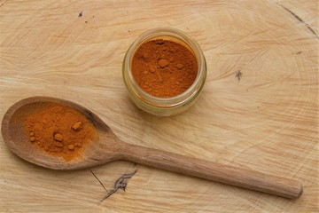 Turmeric powder (Curcuma longa) on a wooden spoon and glass pot on wooden board.