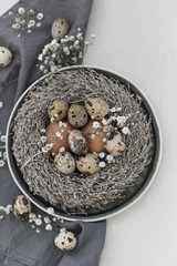 Easter table setting with chicken and quail eggs