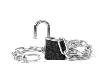 unlocked padlock with chain isolated on white background