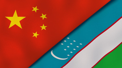 The flags of China and Uzbekistan. News, reportage, business background. 3d illustration