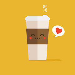 Cute and kawaii coffee cup. Disposable coffee cup icon - flat design vector illustration . Can use for drink and beverage menu or cafe theme. 