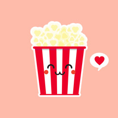 cute and funny cartoon popcorn characters isolated on color background. cinema flat design. vector illustration. Can use for card, poster, banner, web design and print on t-shirt. Easy to edit.