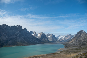 A wide shot of a beautiful mountain range in Greenland