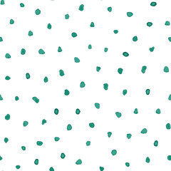 Green watrecolor textured polka dots vector seamless pattern on white background.