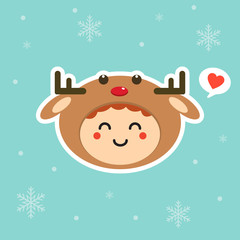 Kawaii and funny little boy dressed as deer. Cute kid in carnival costume. Merry Christmas and Happy New Year. Winter holiday. Flat vector design for greeting card, mascot, web