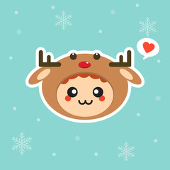 Kawaii and funny little boy dressed as deer. Cute kid in carnival costume. Merry Christmas and Happy New Year. Winter holiday. Flat vector design for greeting card, mascot, web