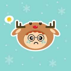 Kawaii and funny little boy dressed as deer. Cute kid in carnival costume. Merry Christmas and Happy New Year. Winter holiday. Flat vector design for greeting card, mascot, web