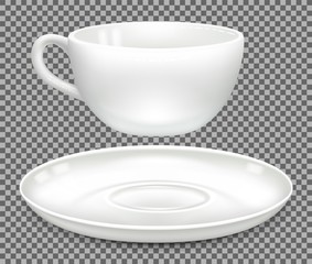 White cup for cappuccino coffee and saucer. Side view, separately. Layout for advertising design. Separate on a white background. Vector illustration