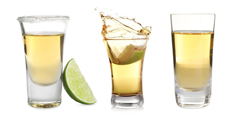 Set of Mexican Tequila shots on white background