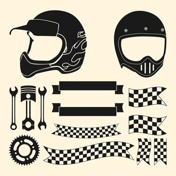 set of vintage motorcycle labels. illustration of helmet, motor gear, wrench, piston, and racing flag. Ribbons for design, business, logo, cards, and etc. vector