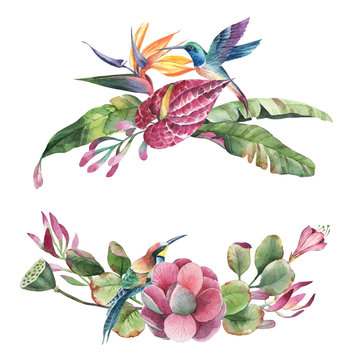 Watercolor bouquet of green leaves, pink and red tropic flowers with colibry bird isolate in white background.