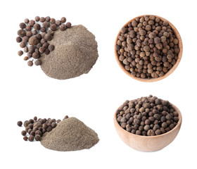 Set of ground pepper and grains on white background