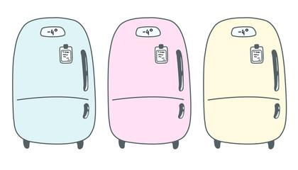 Vector illustration. Set of cute hand drawn retro fridges in pastel colors isolated on white. Element of kitchen interier. Simple doodle clipart in a trendy minimalism style.