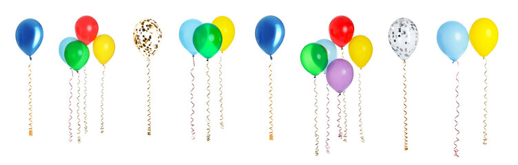 Set of different color balloons on white background. Banner design