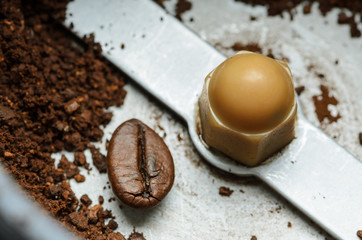 surviving beans of coffee in a coffee grinder
