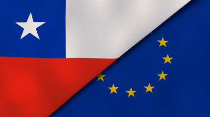 The flags of Chile and European Union. News, reportage, business background. 3d illustration