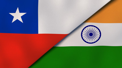 The flags of Chile and India. News, reportage, business background. 3d illustration