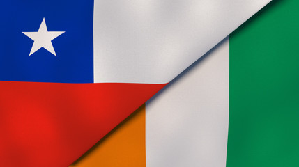 The flags of Chile and Ivory Coast. News, reportage, business background. 3d illustration