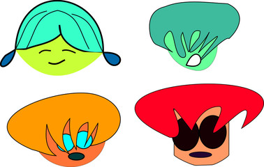A set of four cartoon line drawn colorful character faces.People icon. Person symbol.