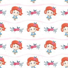 Cartoon cute little girl with flower